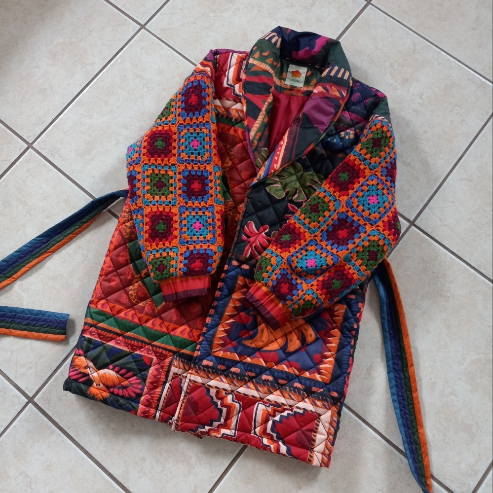 Farm Rio Patchwork Tapestry Crochet Puffer Jacket M - Picture 16 of 16